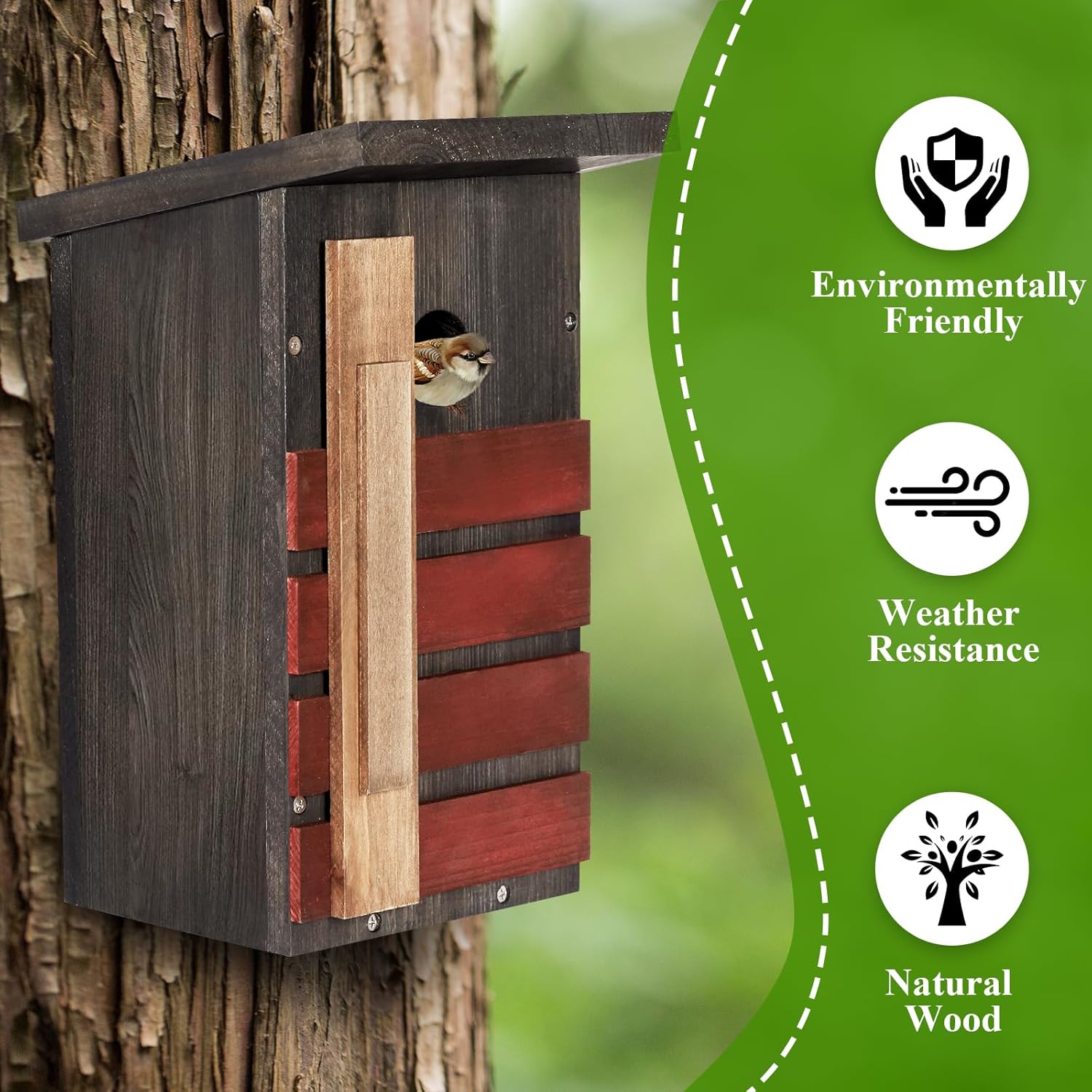 Wooden birdhouse with dark gray finish, red slatted front, and natural wood door panel