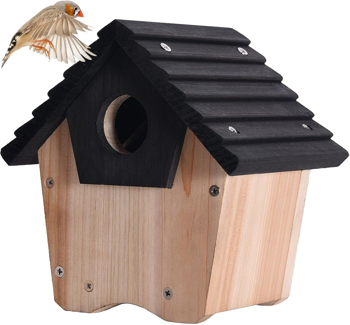Wooden bluebird house with dark roof, round entry hole, and side perch