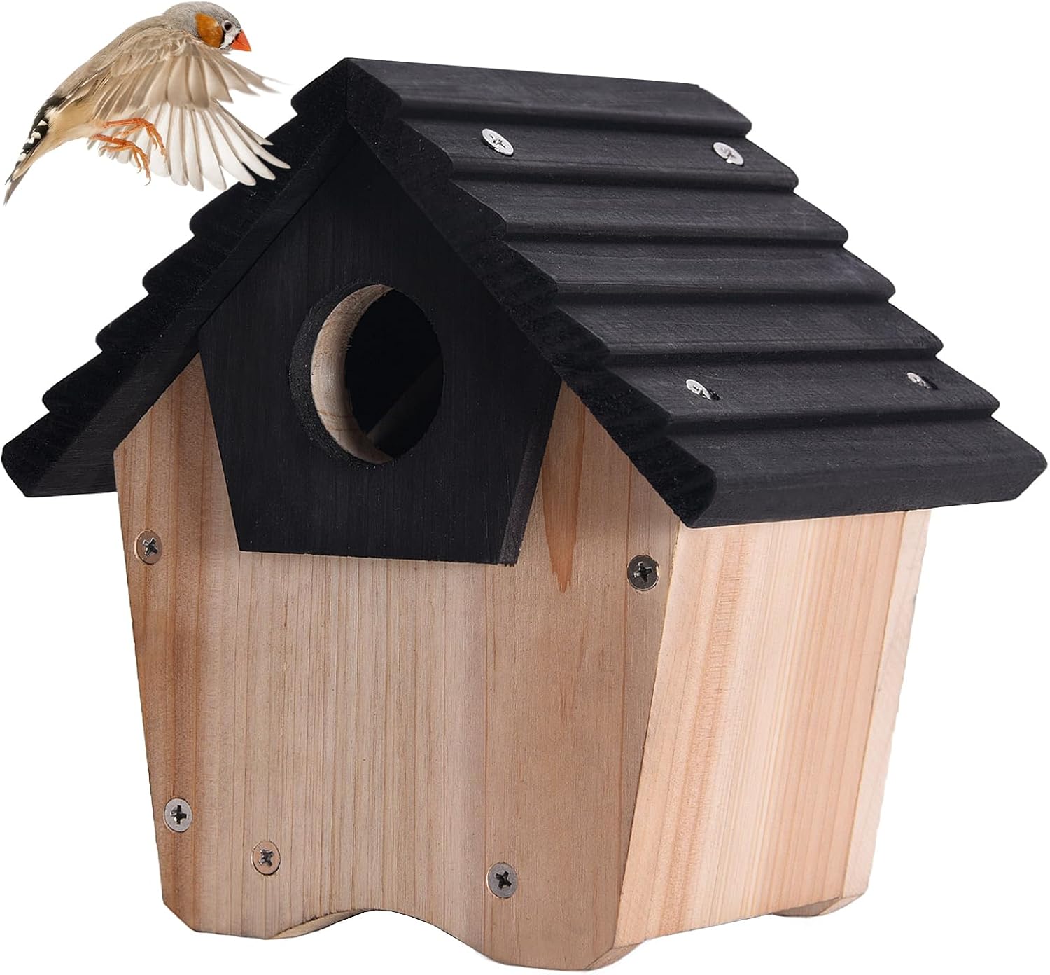 Wooden hanging bird house with dark sloped roof and round entrance hole