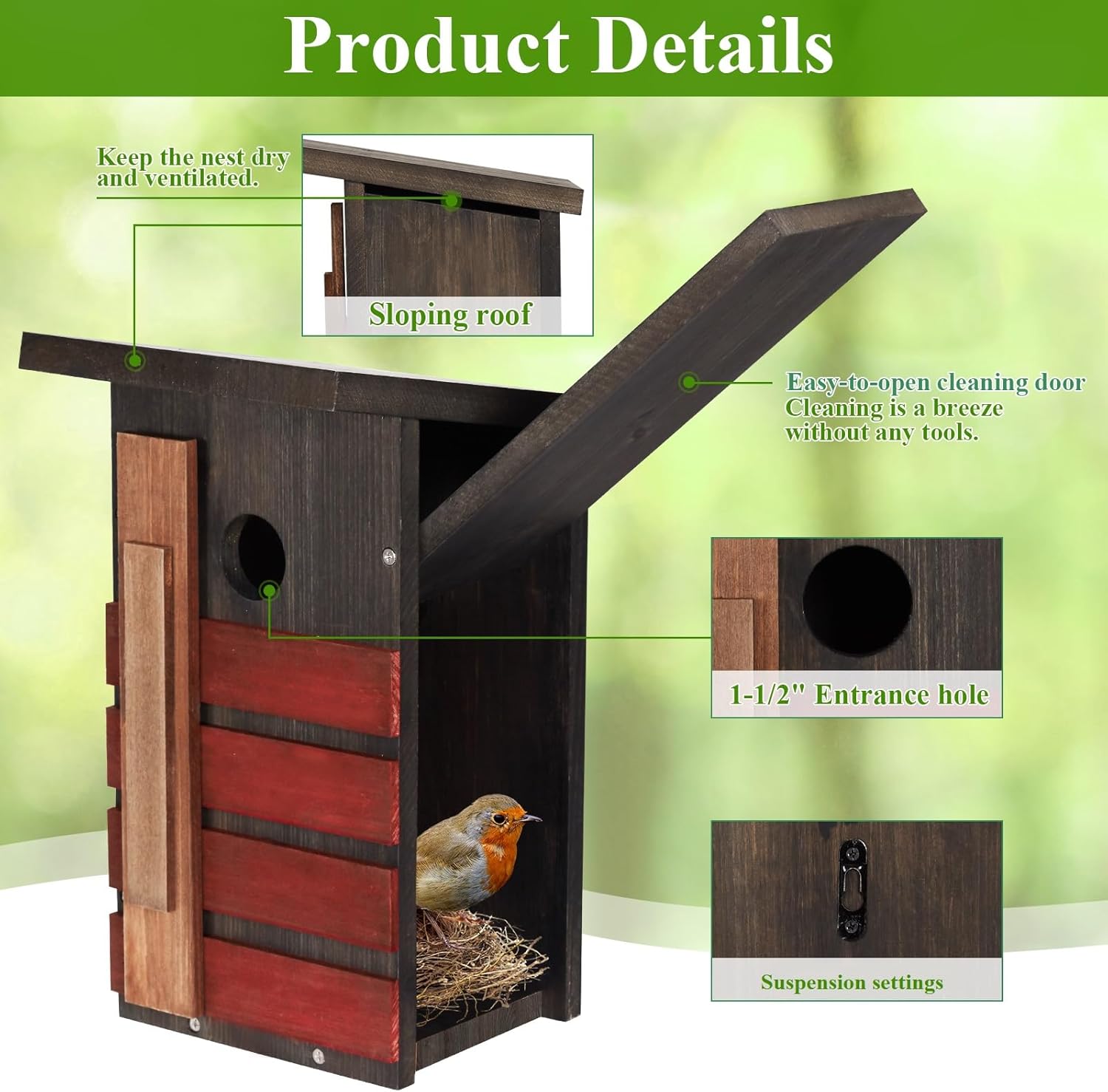 Wooden birdhouse with open access door and round entrance hole on dark gray face