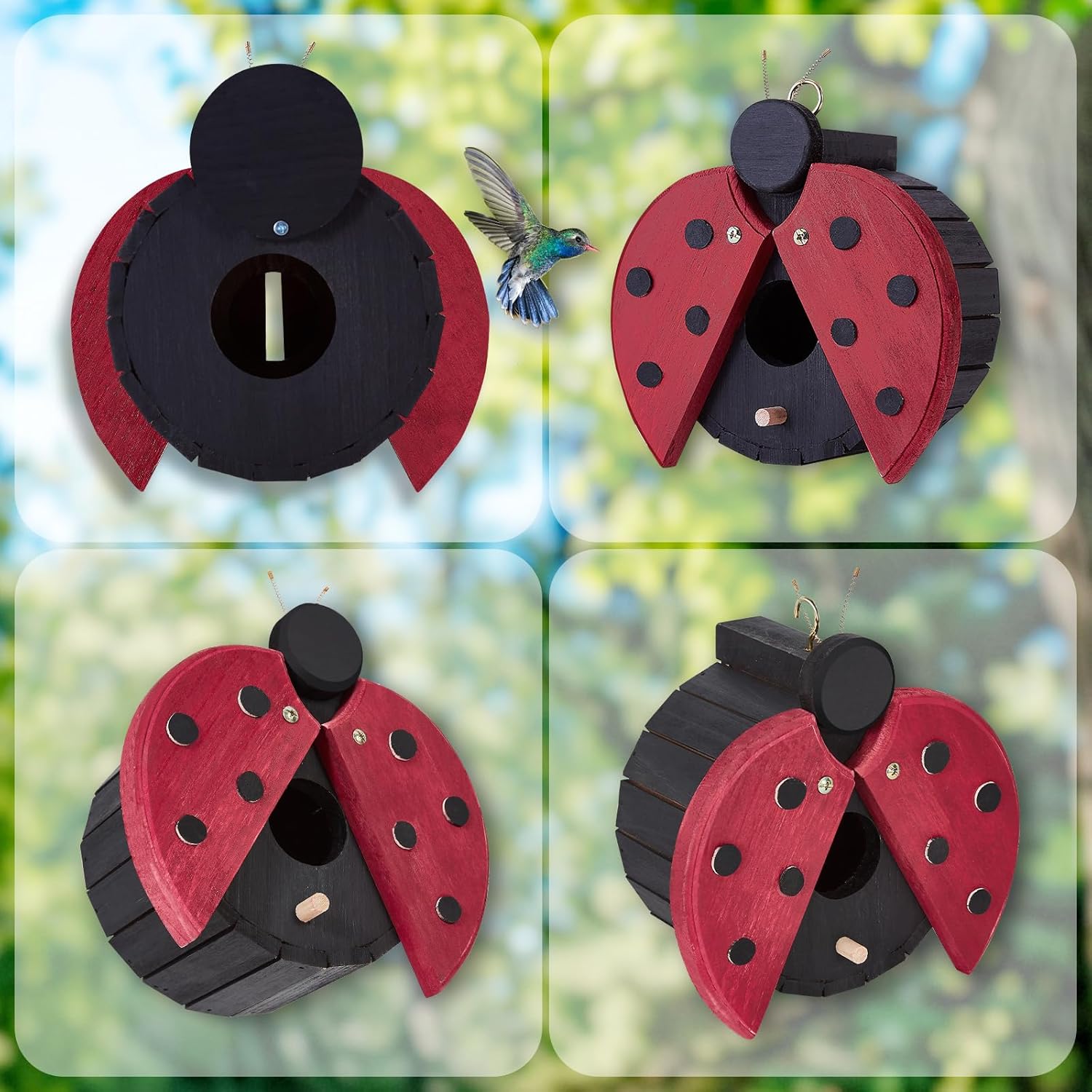 Red ladybug-shaped wooden bird house with circular entrance and polka-dot wings