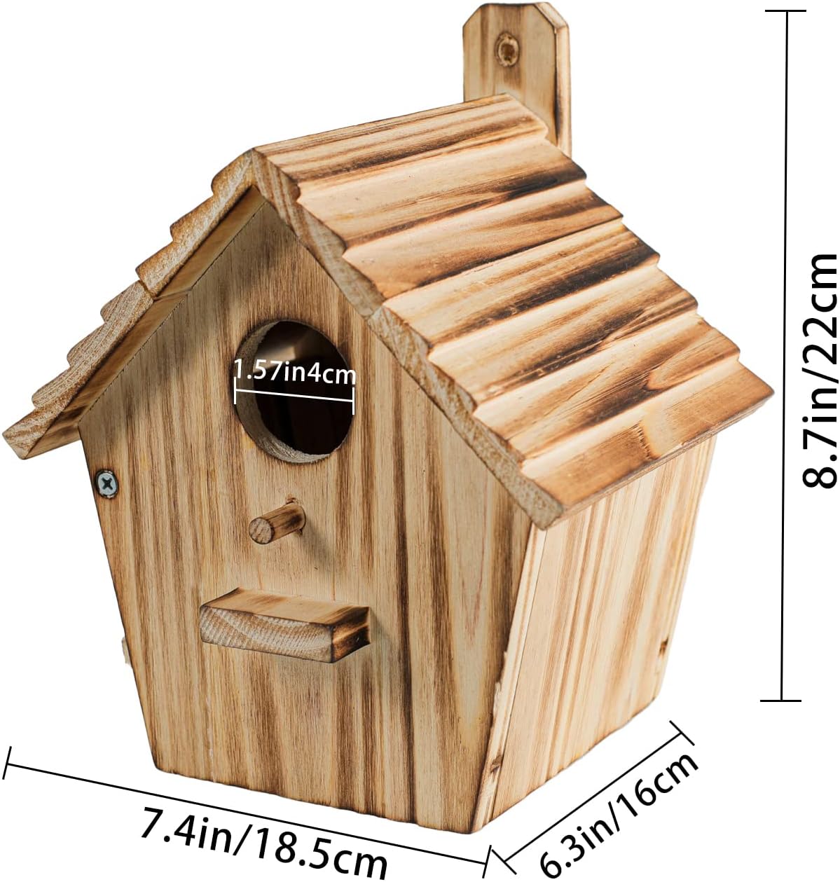 Wooden birdhouse with round entrance hole, front perch, light brown wood