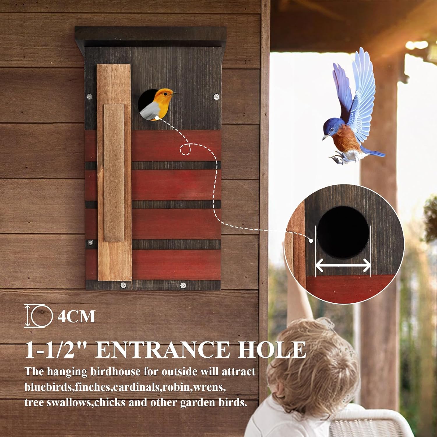 Hanging wooden birdhouse with round entrance hole, dark gray frame, and red slats