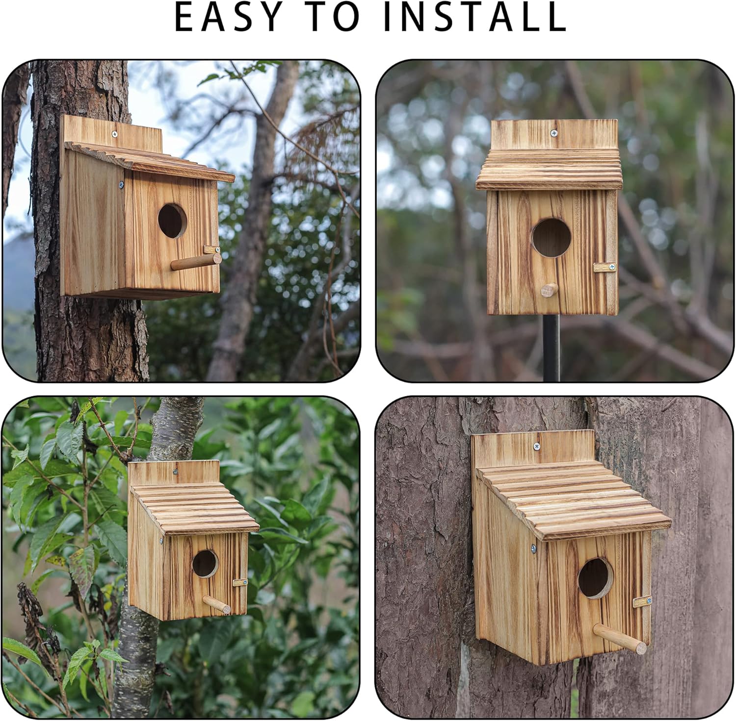 Wooden birdhouse shown on a tree with mounting pole in four installation views