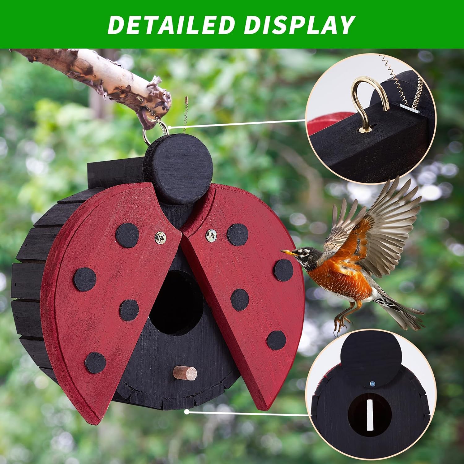 Red ladybug-shaped wooden bird house with circular black entrance, metal hanging ring, polka-dot wings