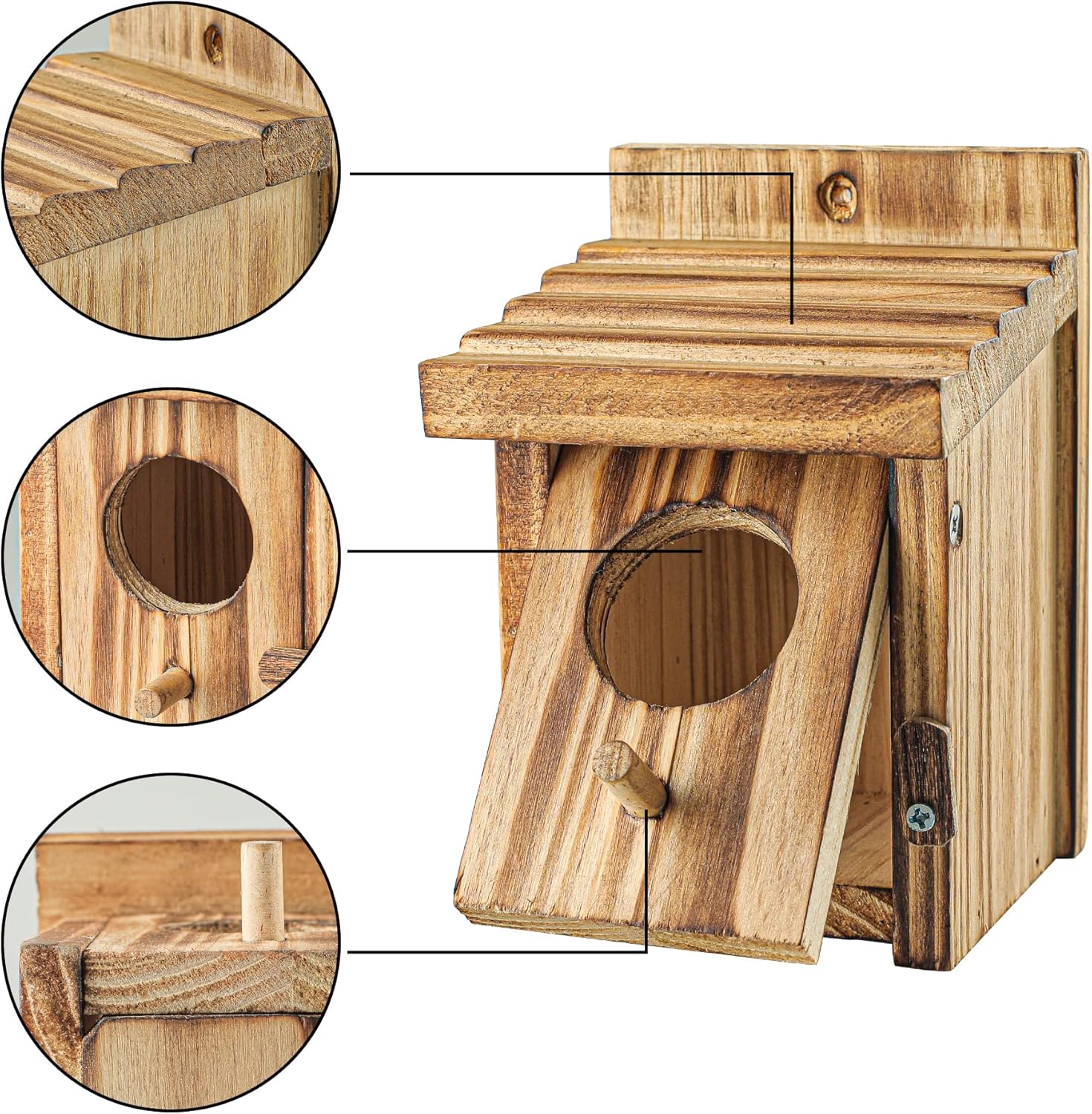 Pine wooden bird nesting house with circular entrance, perch, and detail close-up callouts.