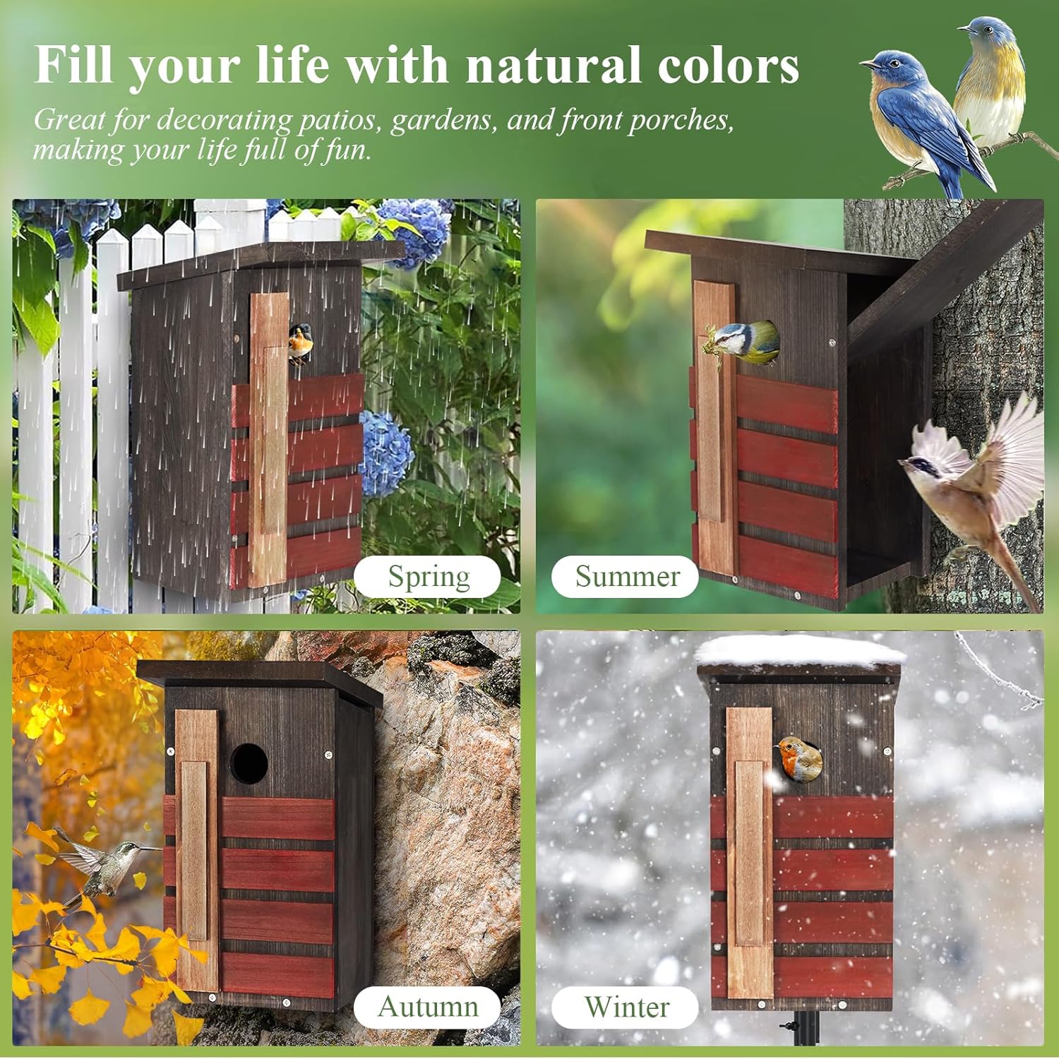 Wooden birdhouse with dark gray roof and red slatted front, shown in multiple scenes