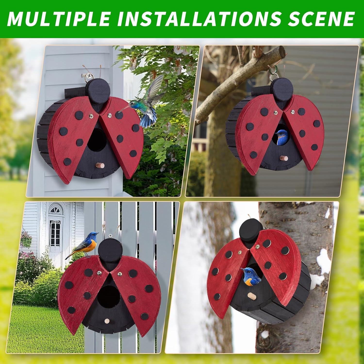 Red ladybug-shaped wooden bird house with circular entrance and polka-dot wings, hanging hook