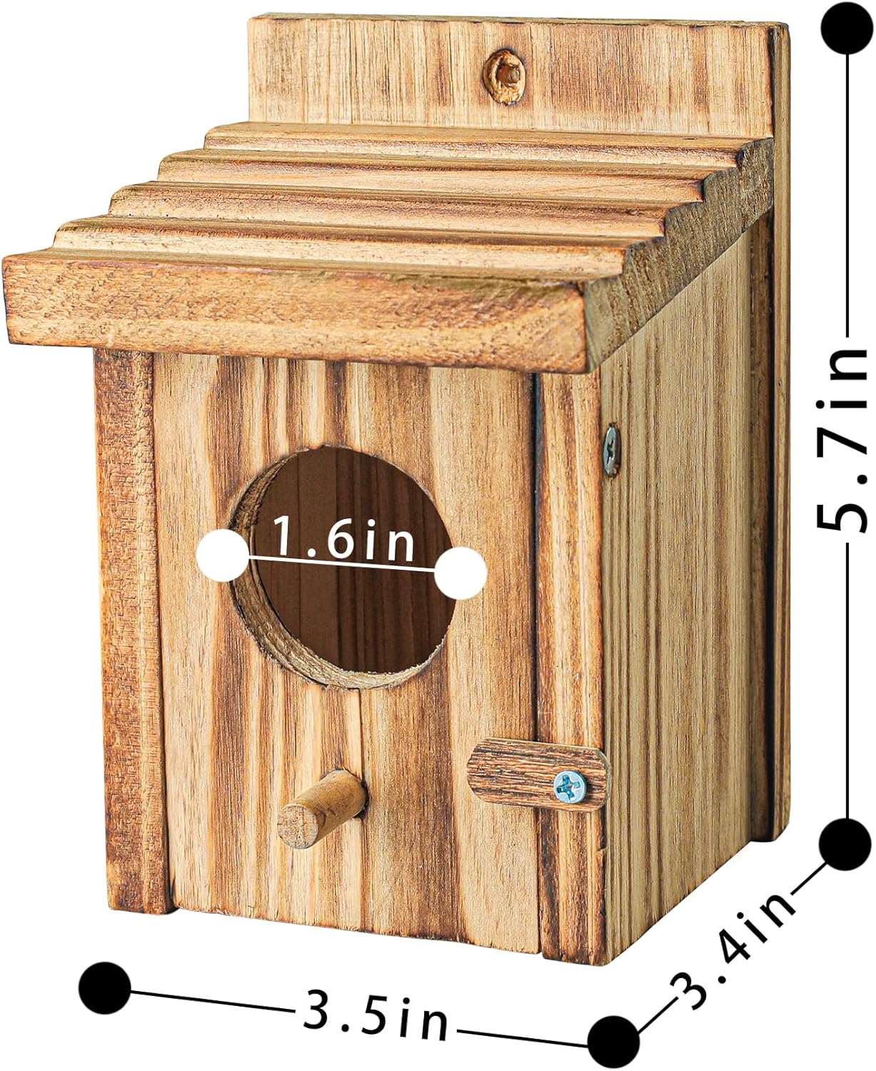 Wooden bird nesting box with round entrance, perch, and labeled size dimensions diagram.
