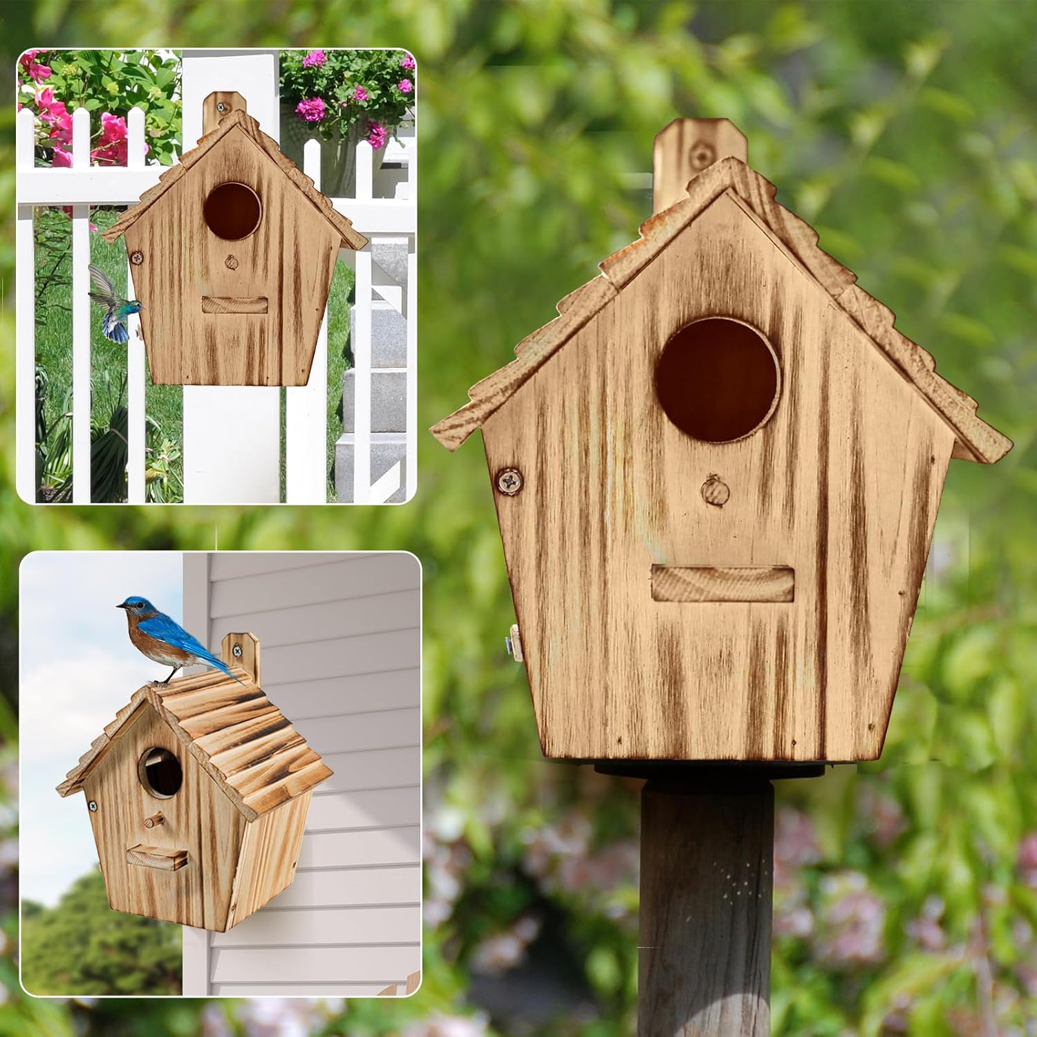 Wooden birdhouse on a post with round entrance hole and front perch, light brown