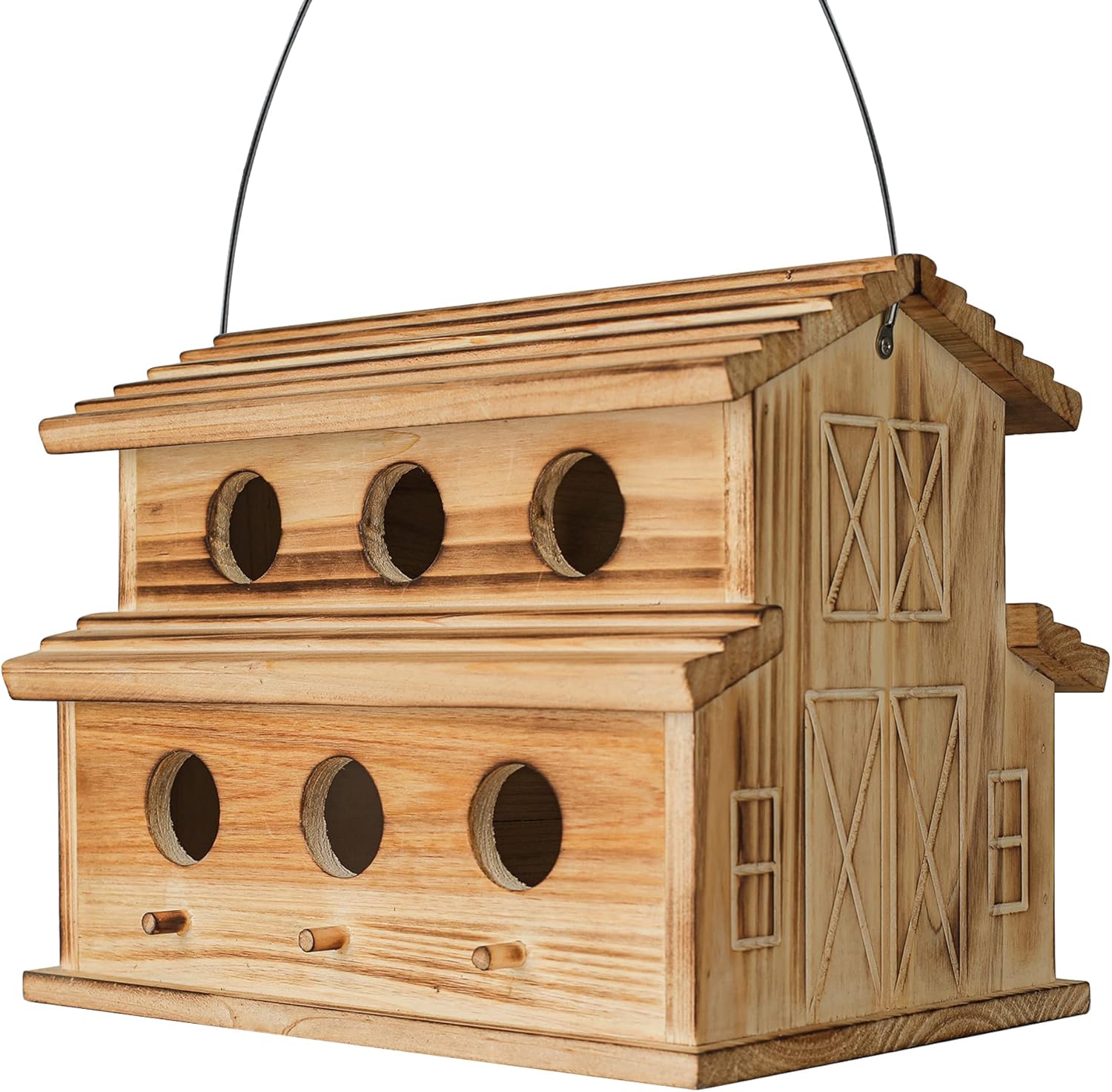Wooden hanging bird house with six entrance holes, gabled roof and door latch