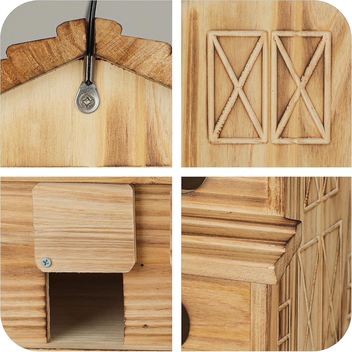Wooden bird house with hinged roof latch and X-braced door panels
