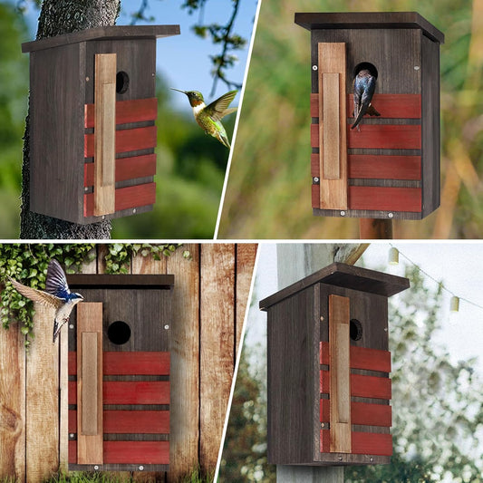 Wooden birdhouse with dark gray body and red slatted front, multiple outdoor angles