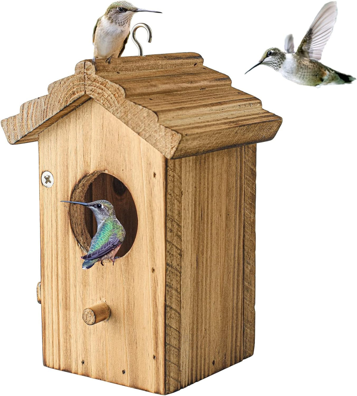 Wood hummingbird house with circular entrance, front door, and hanging hook.