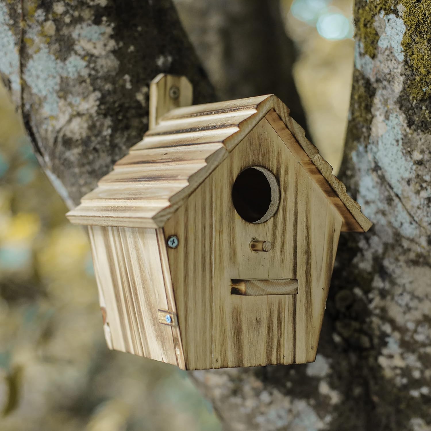 Wooden birdhouse hanging outdoors with round entrance hole and front perch, light brown