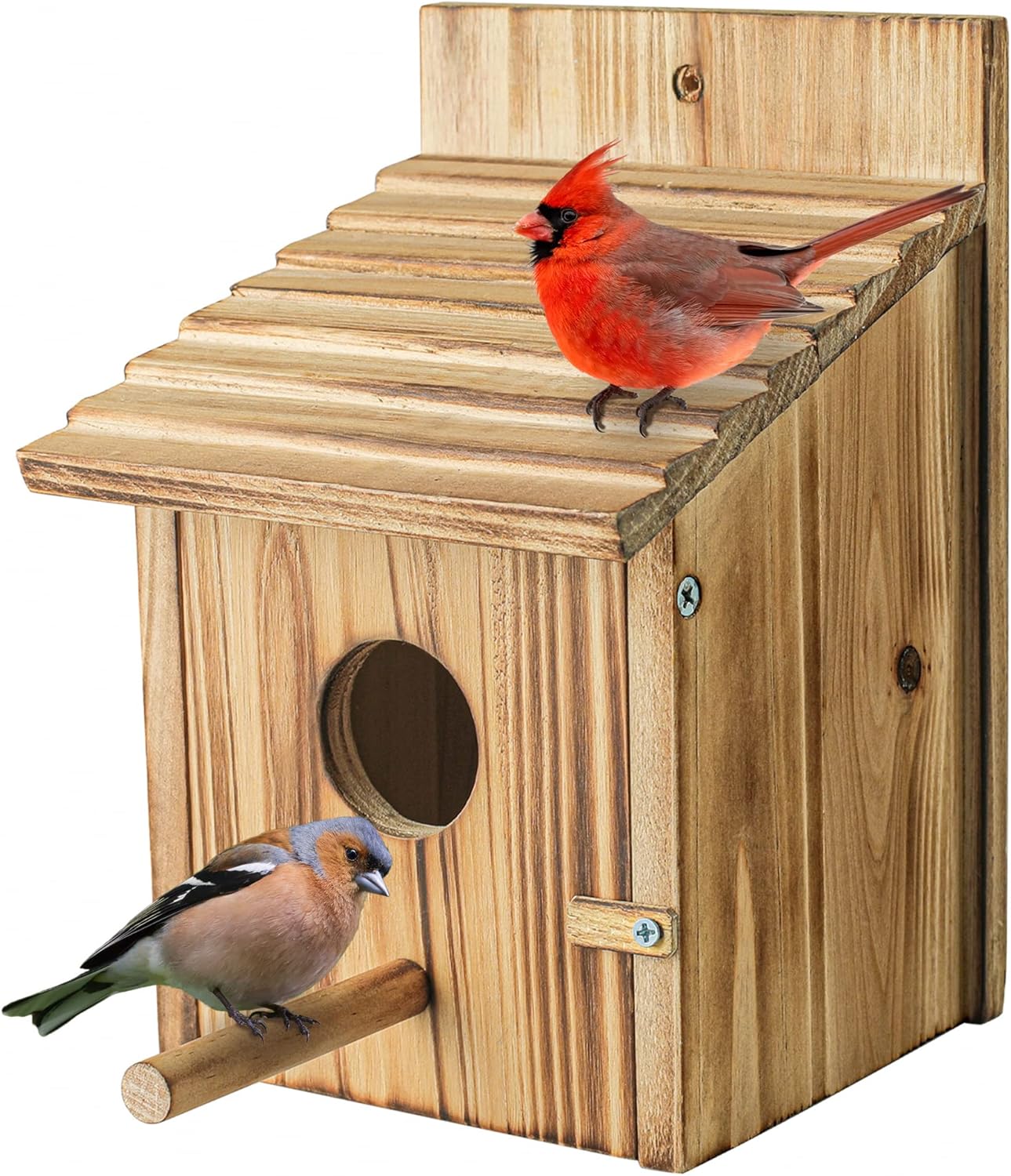 Wooden birdhouse with round entrance hole, hinged front door, and slanted roof