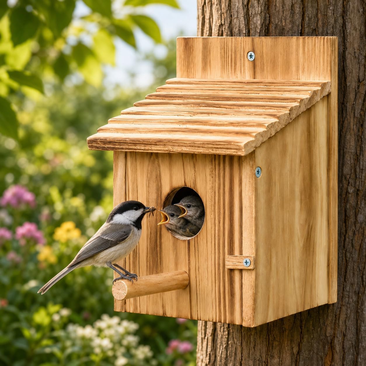 Wooden bird house with round entrance and perch, two birds perched at the doorway