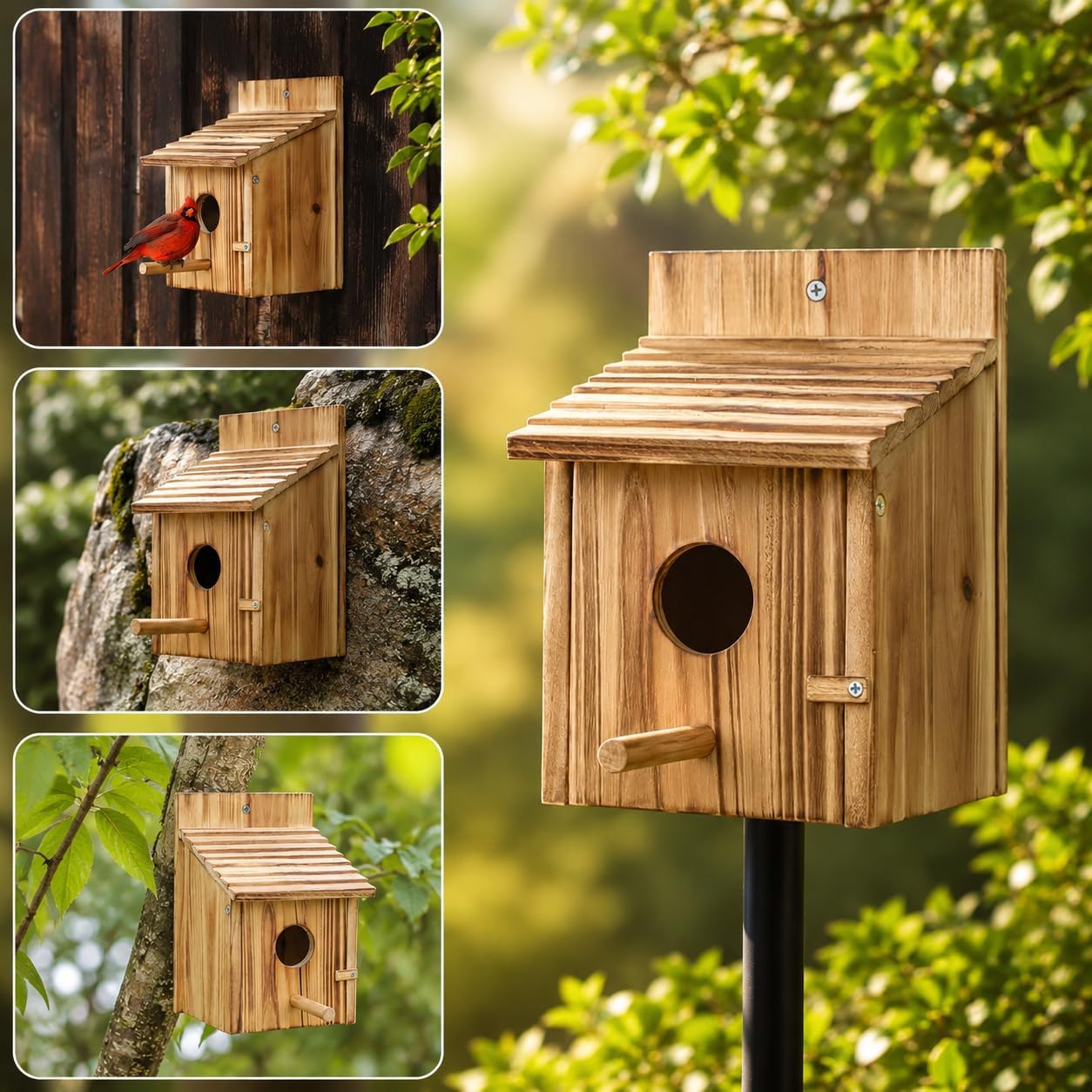 Wooden bird house on a post with round entrance and slanted roof