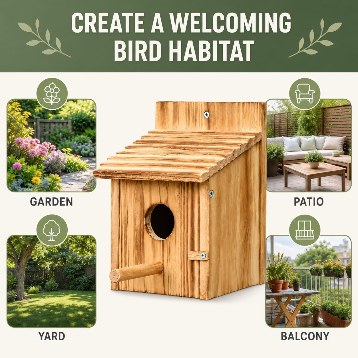 Wooden bird house with round entrance, slanted roof, and side perch