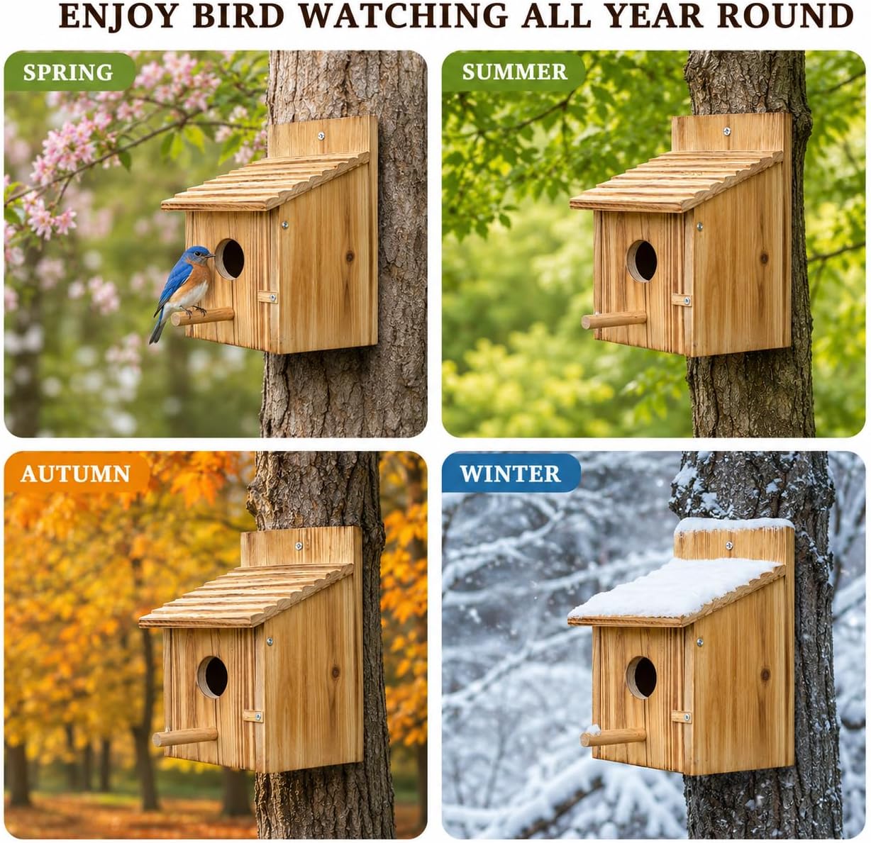 Wooden bird house with circular entrance and ridged sloped roof on a tree trunk