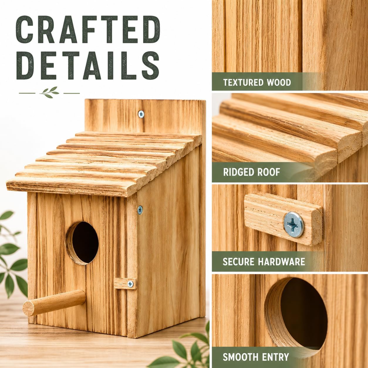 Wooden bird house with ridged roof, textured wood finish, and secure side hardware