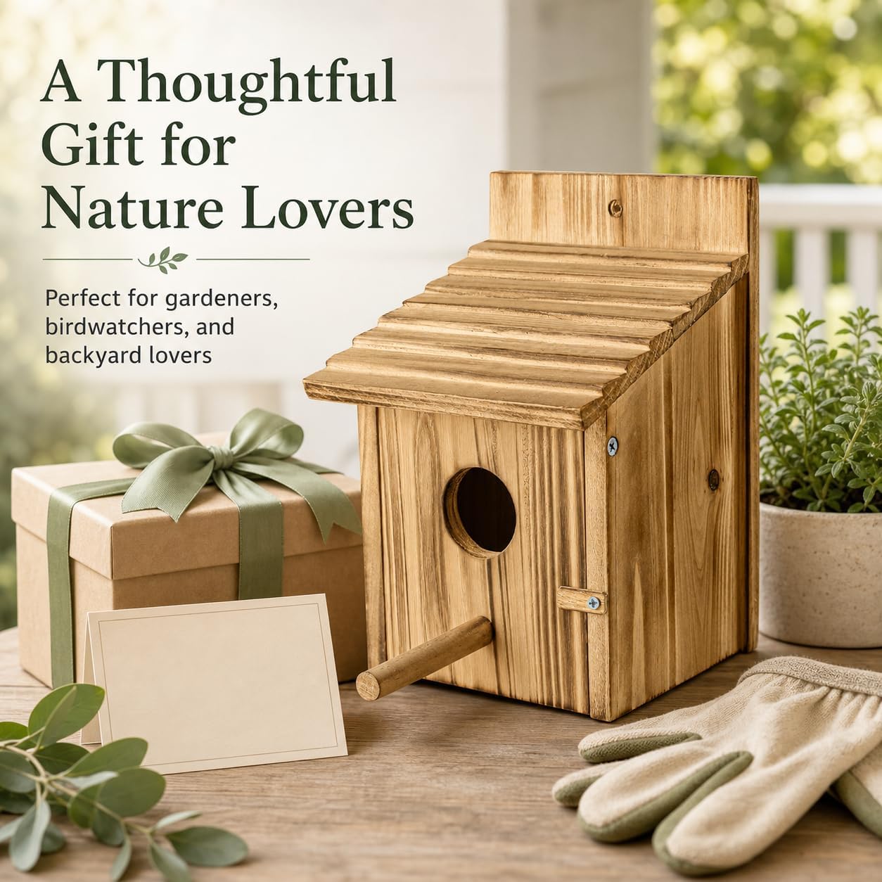 Wooden bird house with circular entry and front perch, set on an outdoor patio