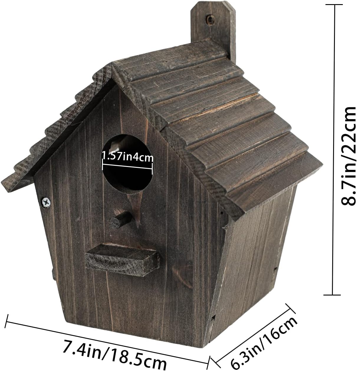 Dark wooden country bird house with round entrance hole and side perch