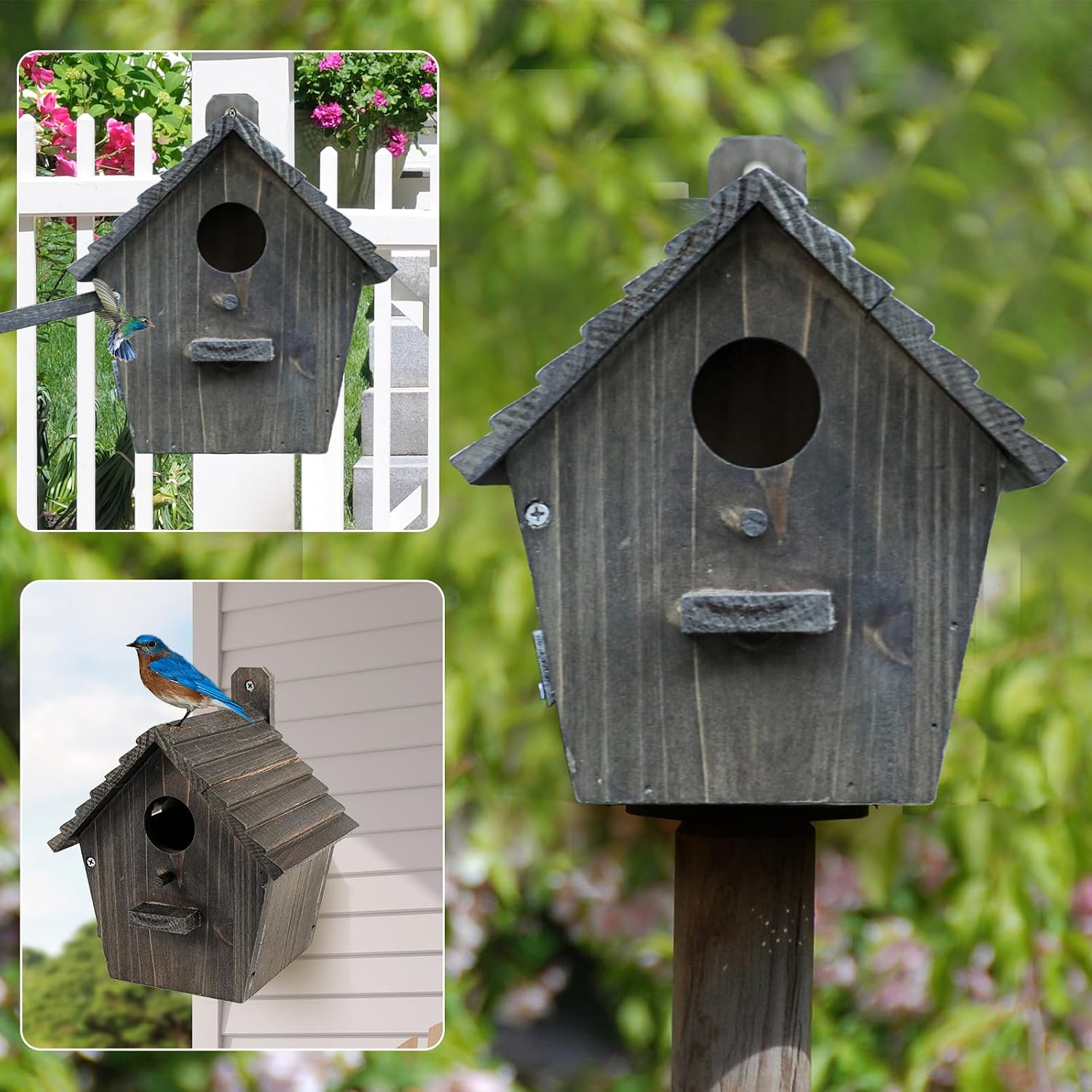 Grey wooden bird house with round entrance hole and small side perch