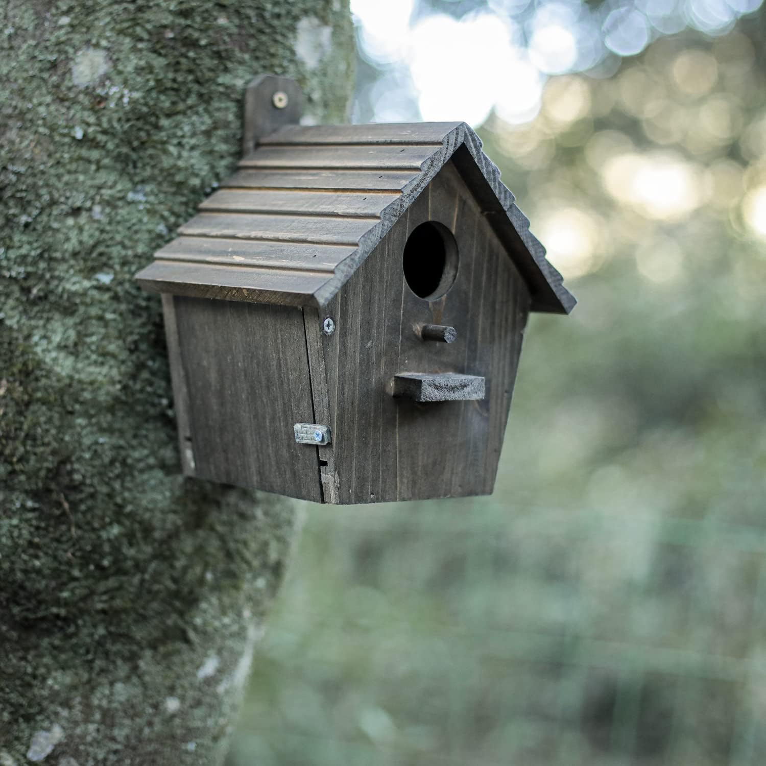 Wooden bird house on a post with round entrance hole and slatted roof