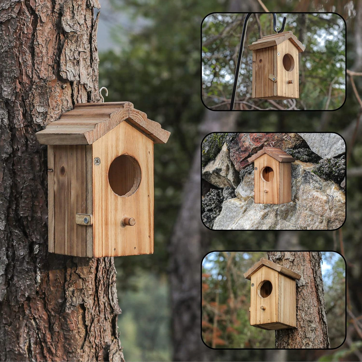 Wood hummingbird house on tree with circular entrance, front door, and small roof overhang.