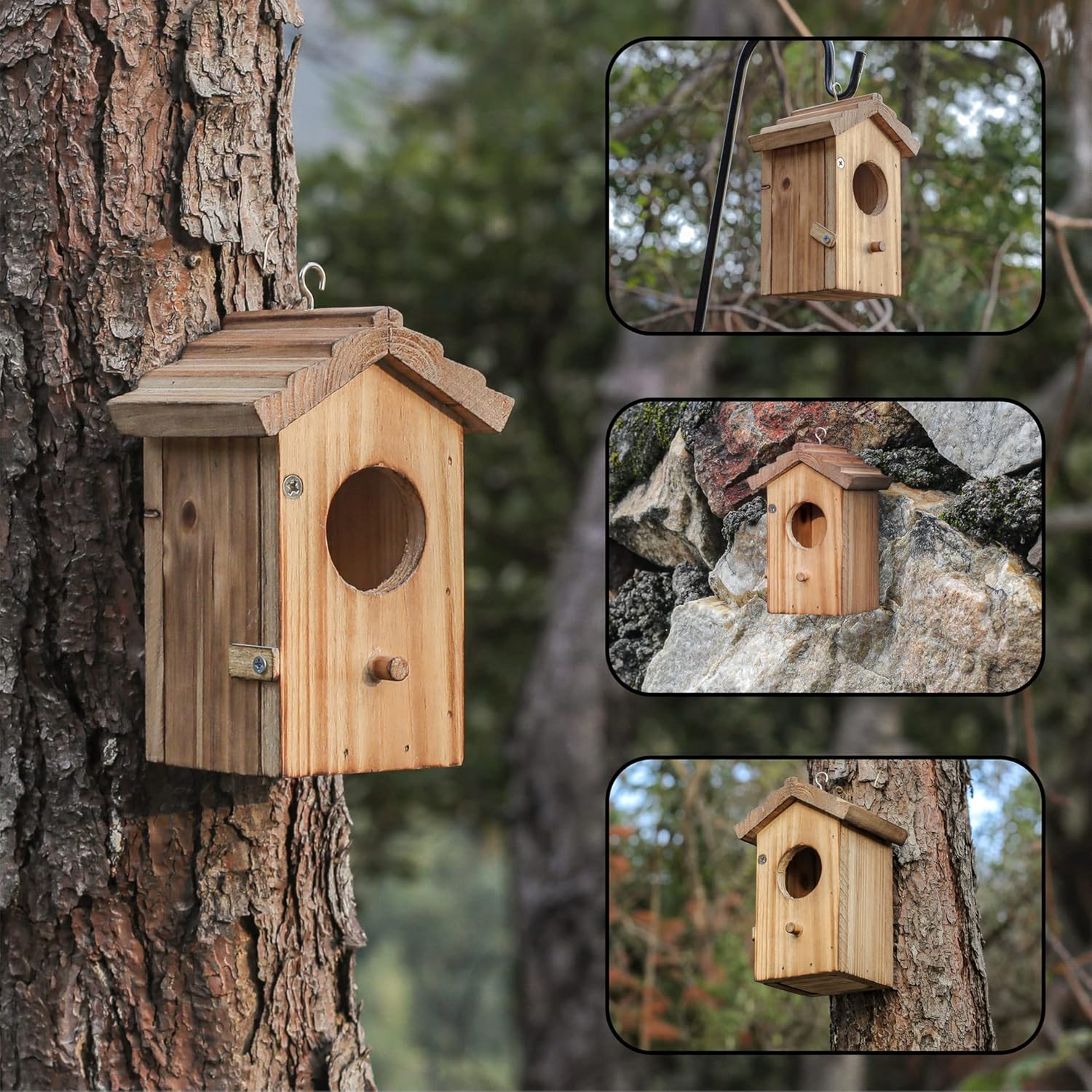 Wood hummingbird house on tree with circular entrance, front door, and small roof overhang.