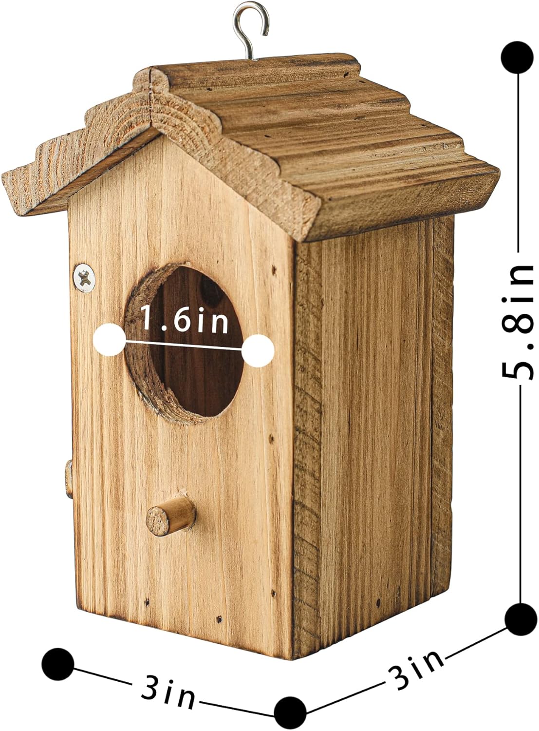 Wood mini hanging hummingbird house: 5.8 in tall, 3 in wide, 3 in deep.