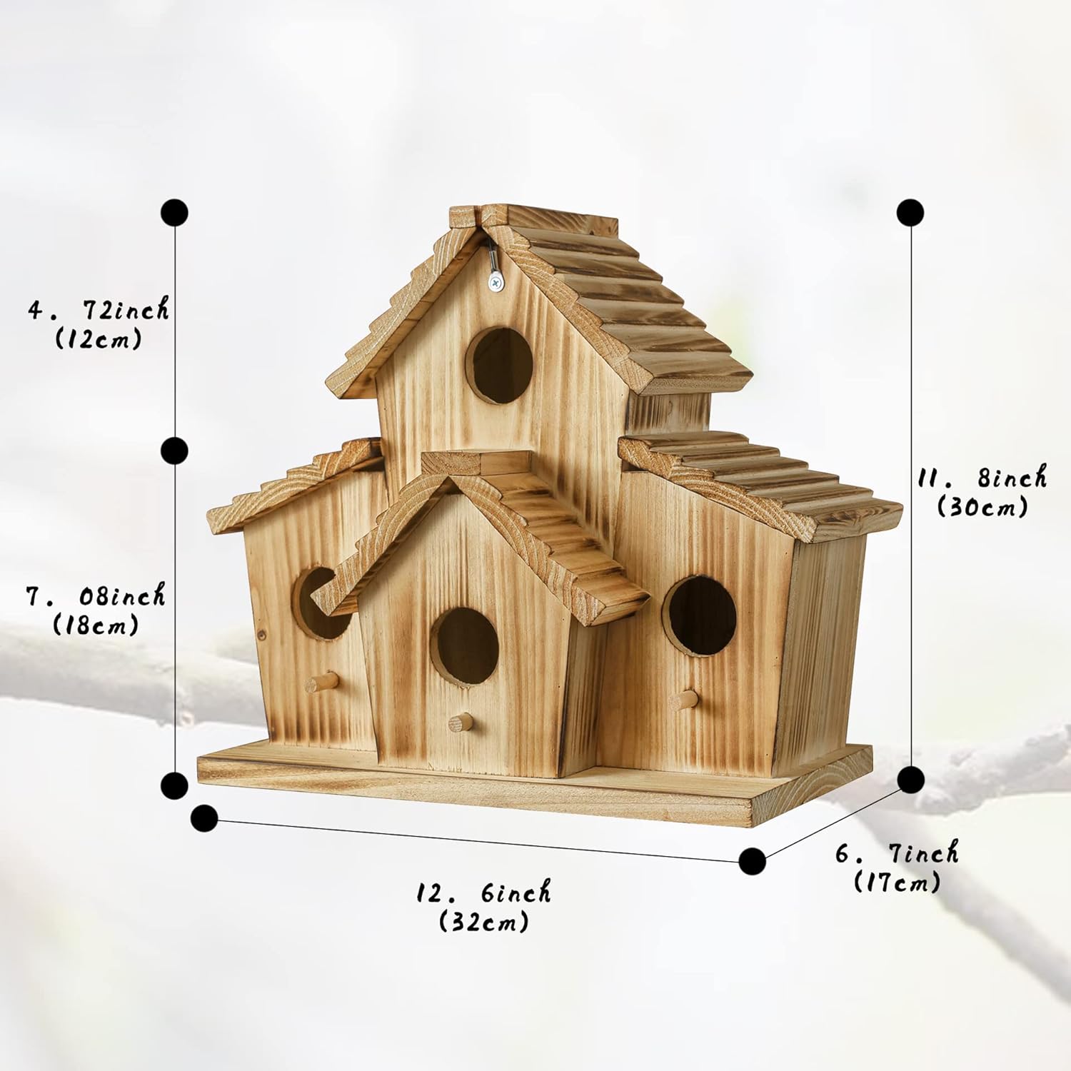Four-hole wooden outdoor bird house with hanging hook and size diagram