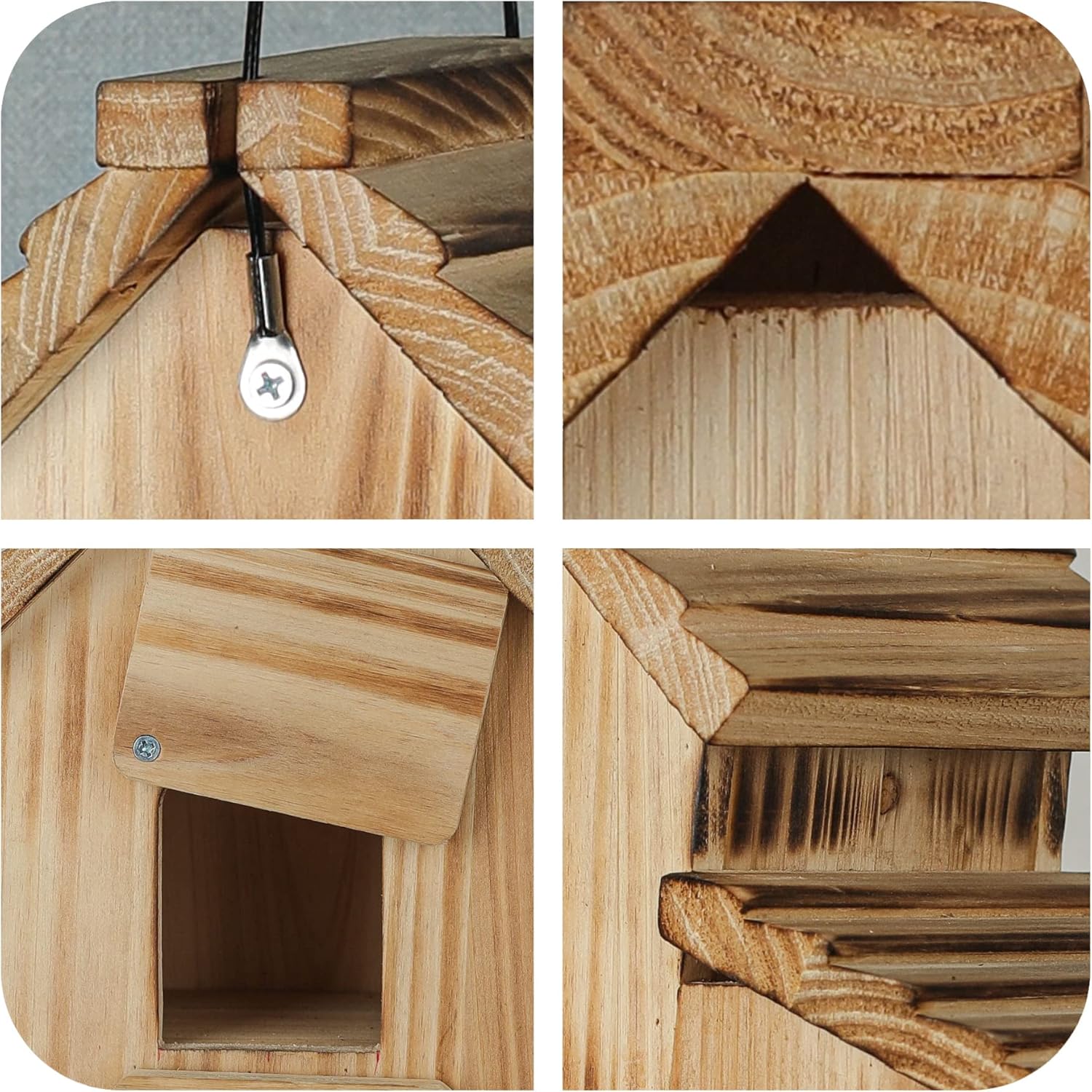 Wooden bird house close-up showing roof details and entrance openings