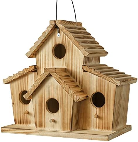 Wooden outdoor bird house with four entrance holes and hanging hook