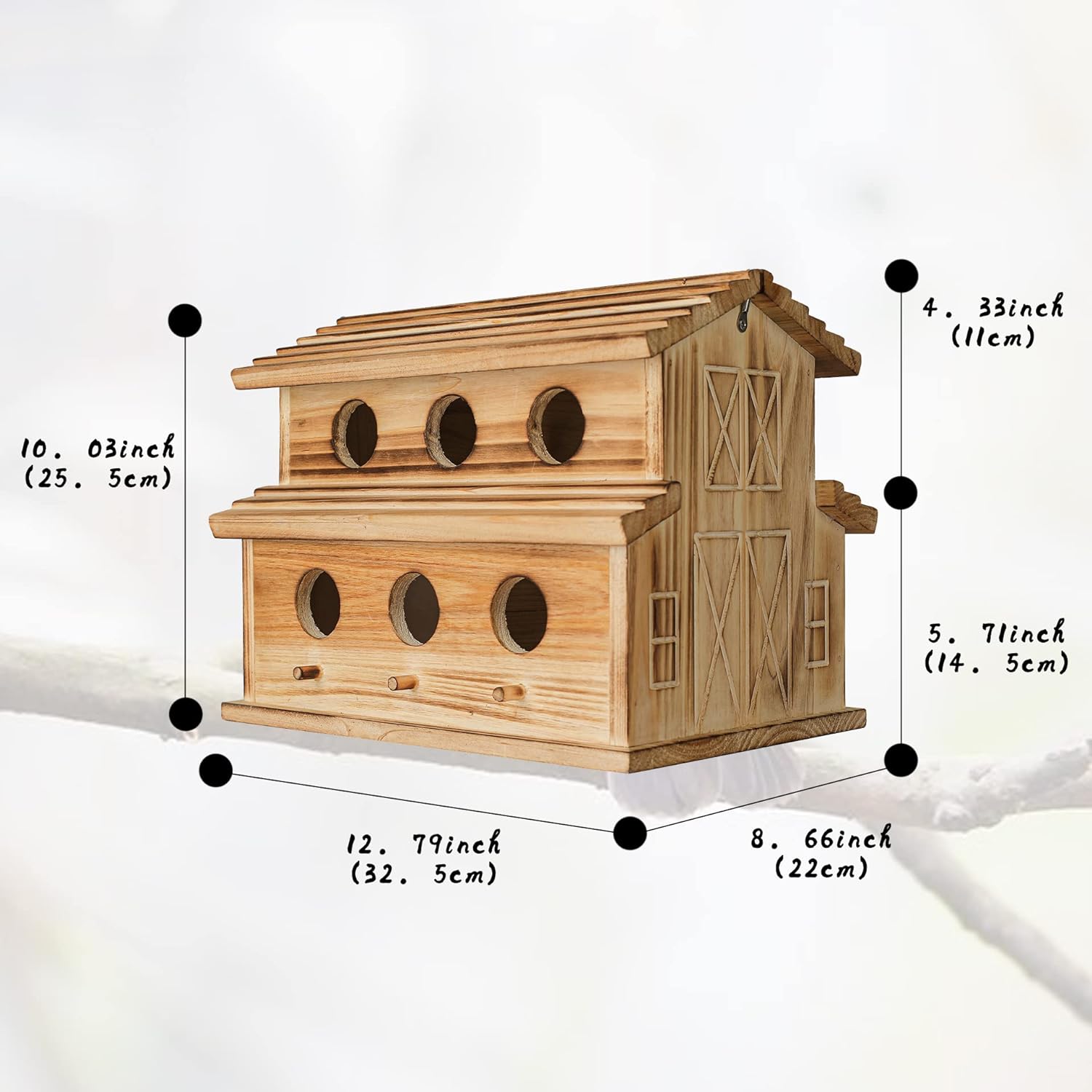Wooden multi-room bird house with six round entrance holes and side door panels