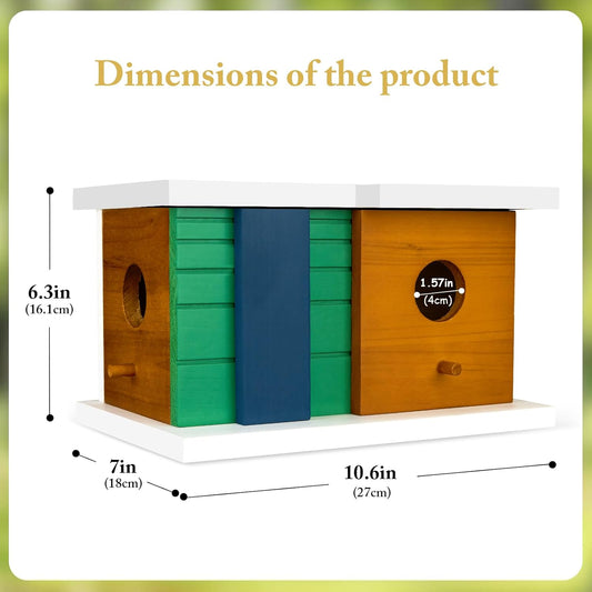 2-hole wooden bird house with white roof and two round entrance holes, green and blue panels