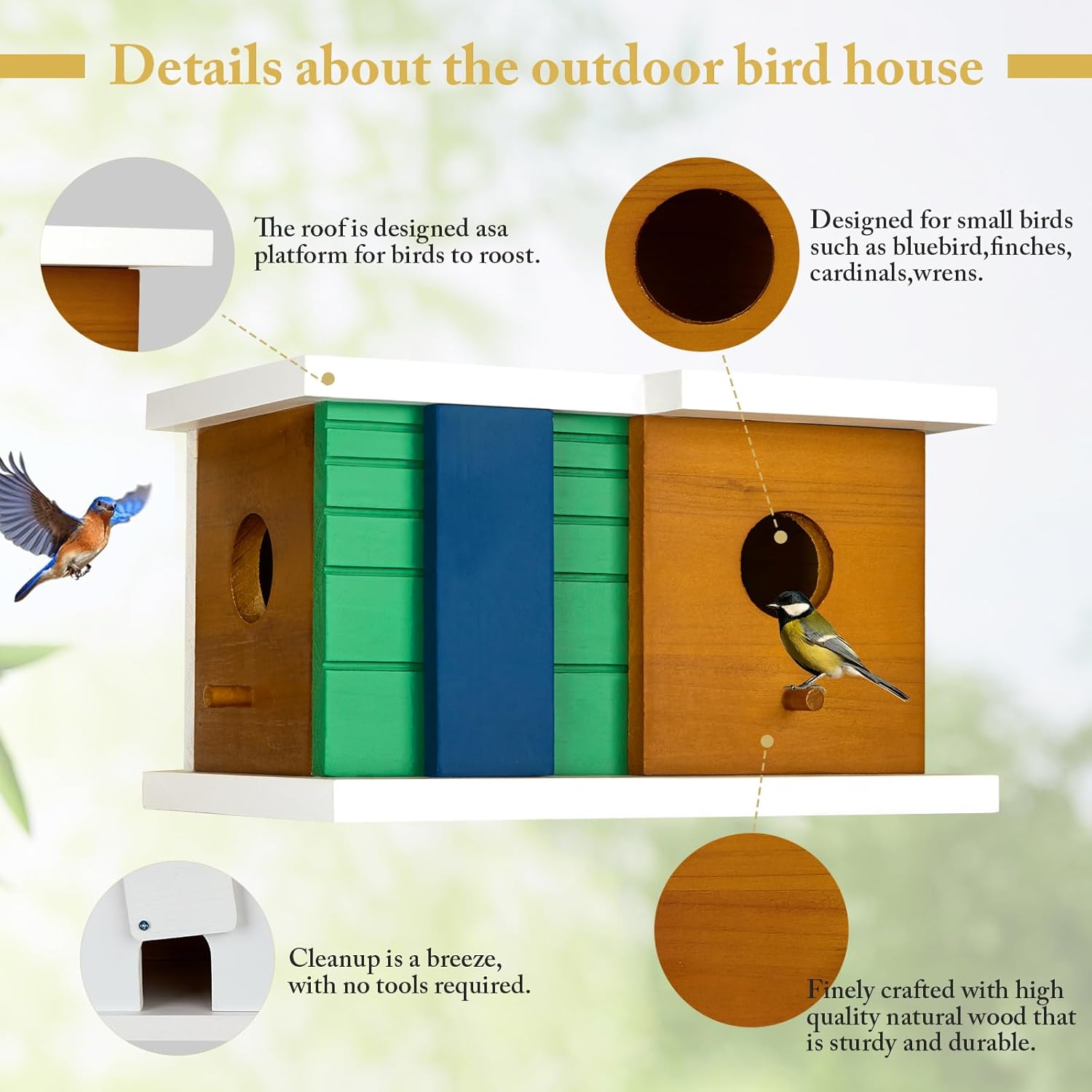 Outdoor 2-hole wooden bird house with circular entrances and green, blue, and wood side panels