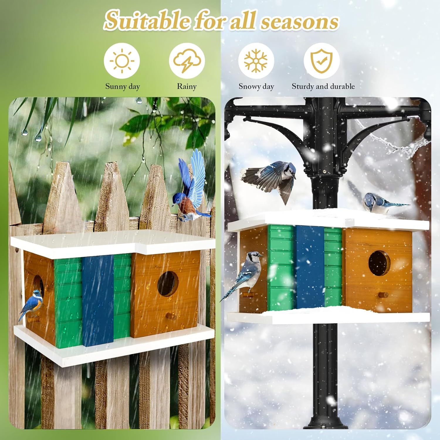 Wooden 2-hole bird house on post with green and blue slatted sides and circular entrance holes