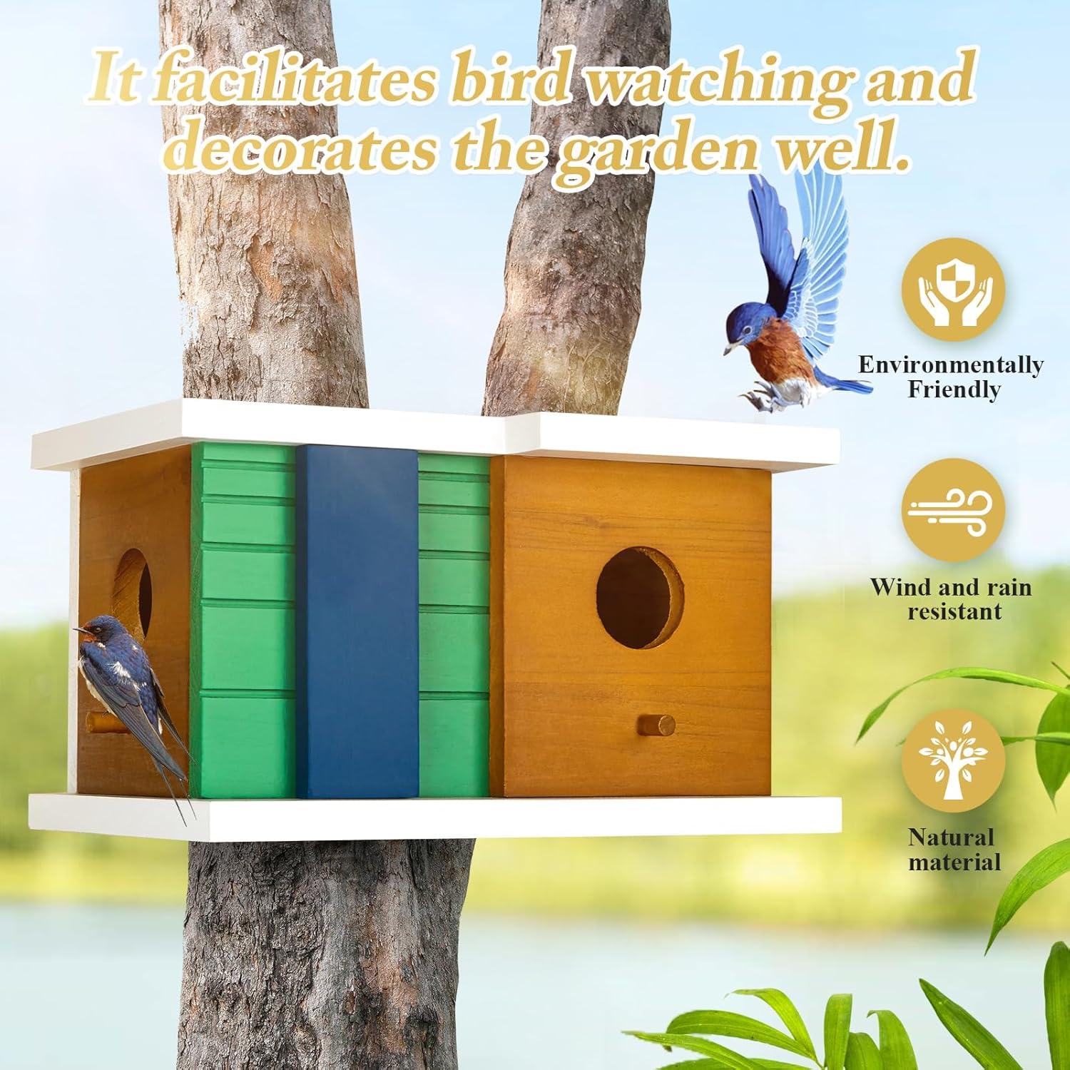 Wooden 2-hole bird house on post with two circular entrances, green and blue slatted panels