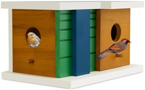 2-hole wooden bird house with two round entrances, green and blue center panels, perched birds