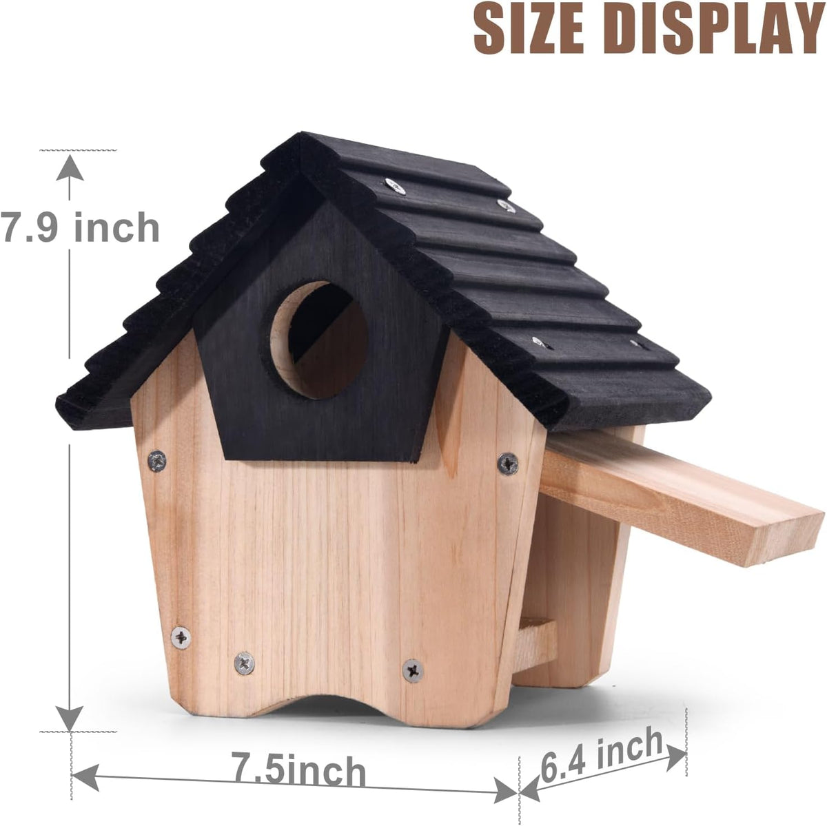 Wooden bluebird house size view with dark roof and round entrance hole