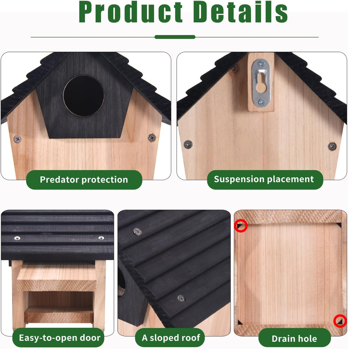 Wooden bluebird house details: dark entrance, hanging placement, drain hole