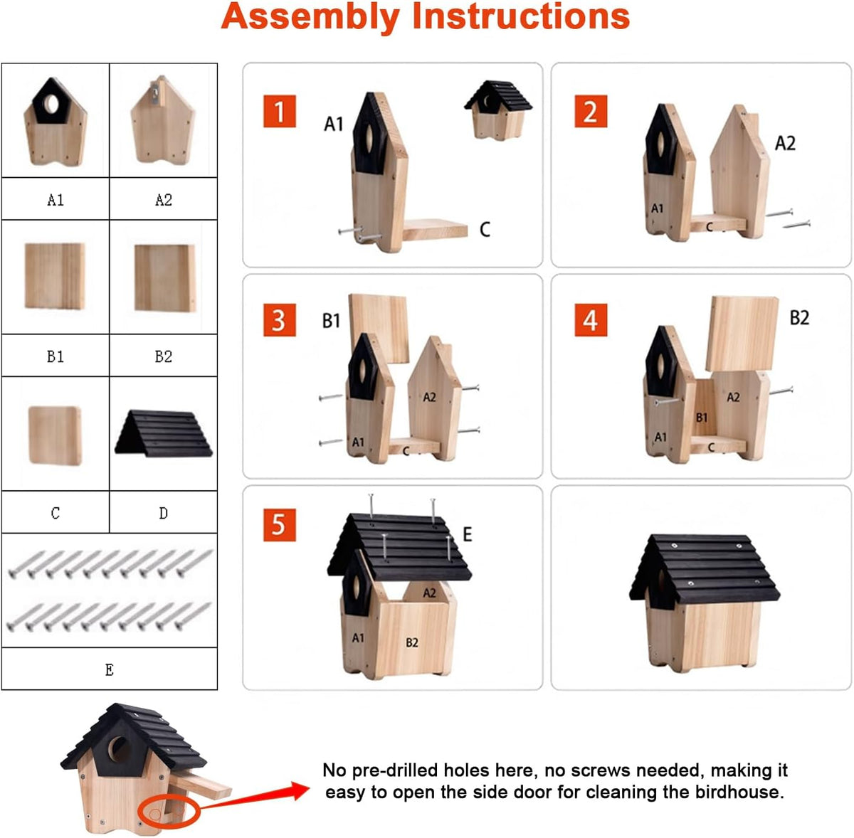Wooden bluebird house kit with black roof and predator guard base, parts shown