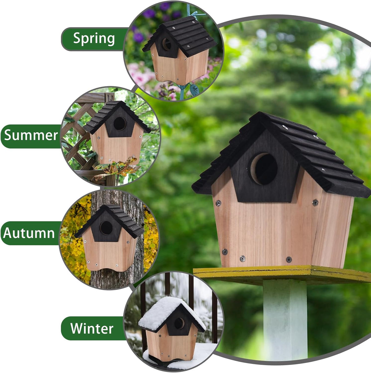 Wooden bluebird house with dark sloped roof and round entrance hole, on a post