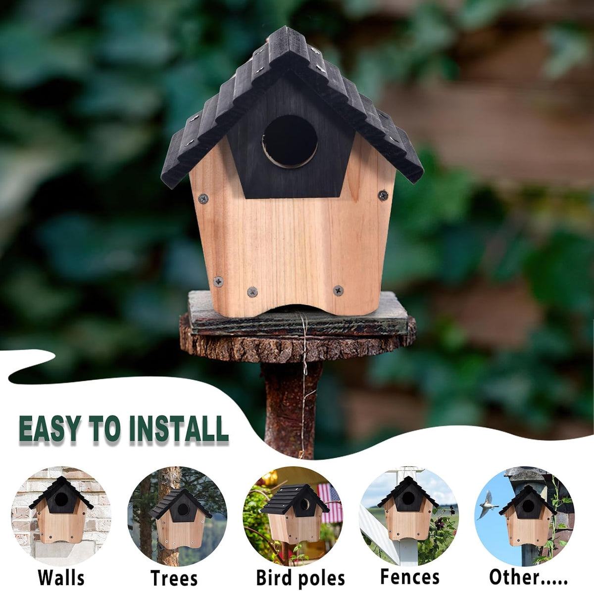 Wooden bluebird house with round entrance and predator guard on a stump base