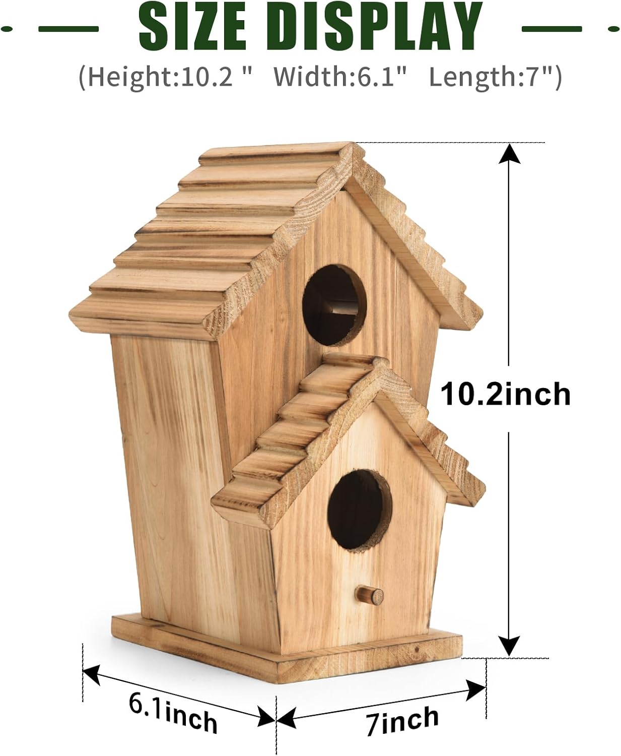Two-hole wooden bird house with side size dimensions and two circular entrance holes.