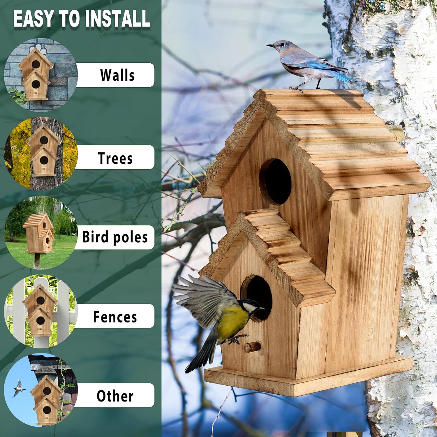 Two-hole wooden bird house on stand with blue and yellow birds near entrances.