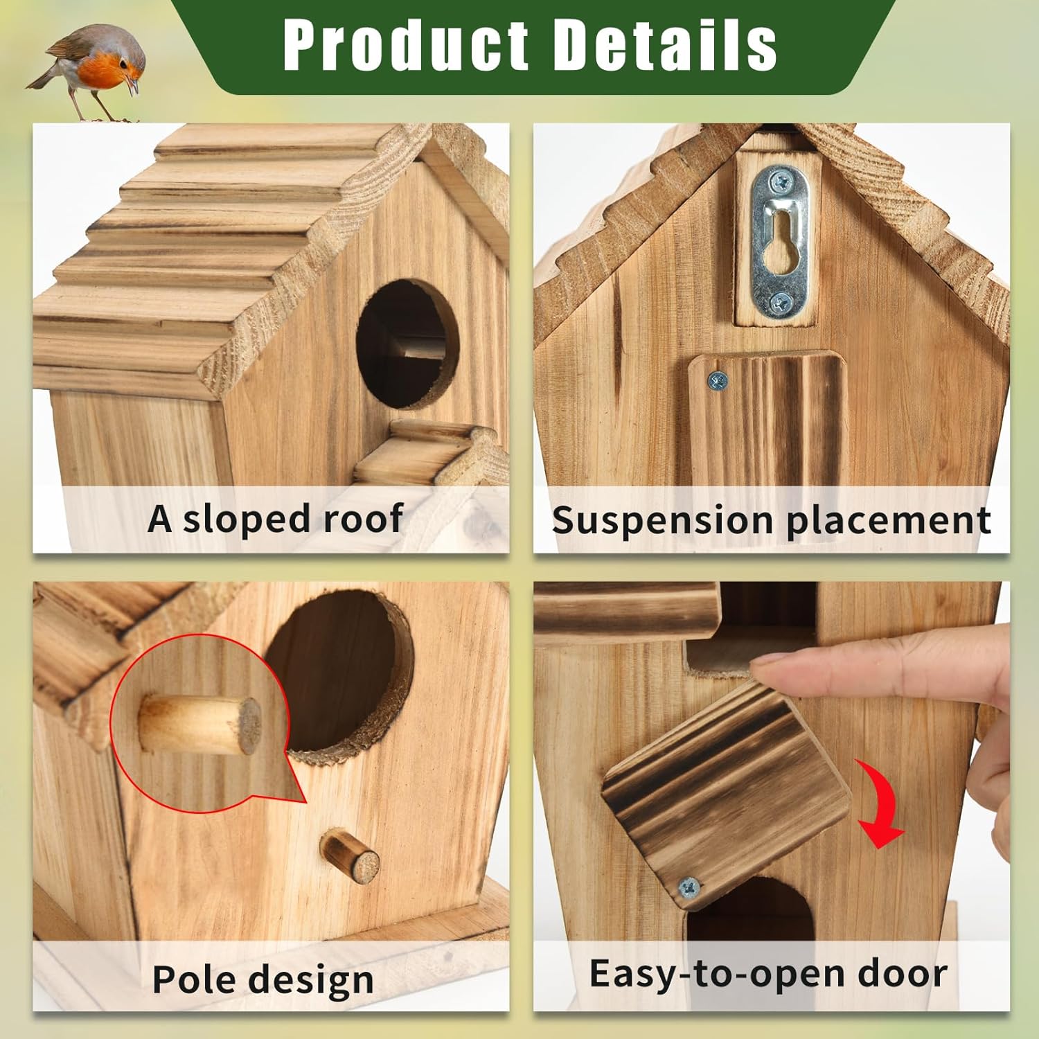 Two-hole wooden bird house details: stopped roof, hanging plate, easy open door.