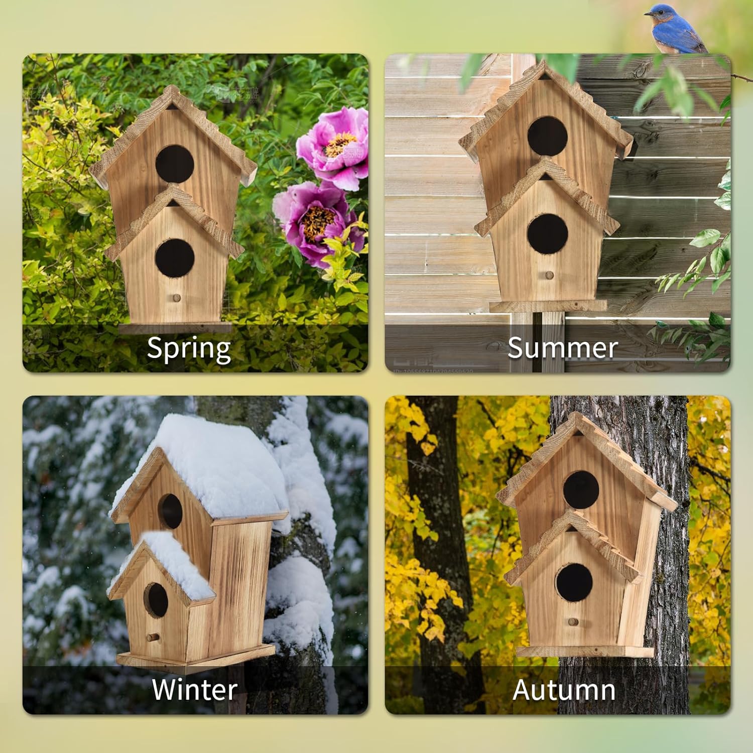 Two-hole wooden bird house shown in spring, summer, winter, and autumn panels.